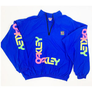 Vtg Oakley Surf Style Windbreaker Pullover Spellout Blue Neon Pink Retro OS
